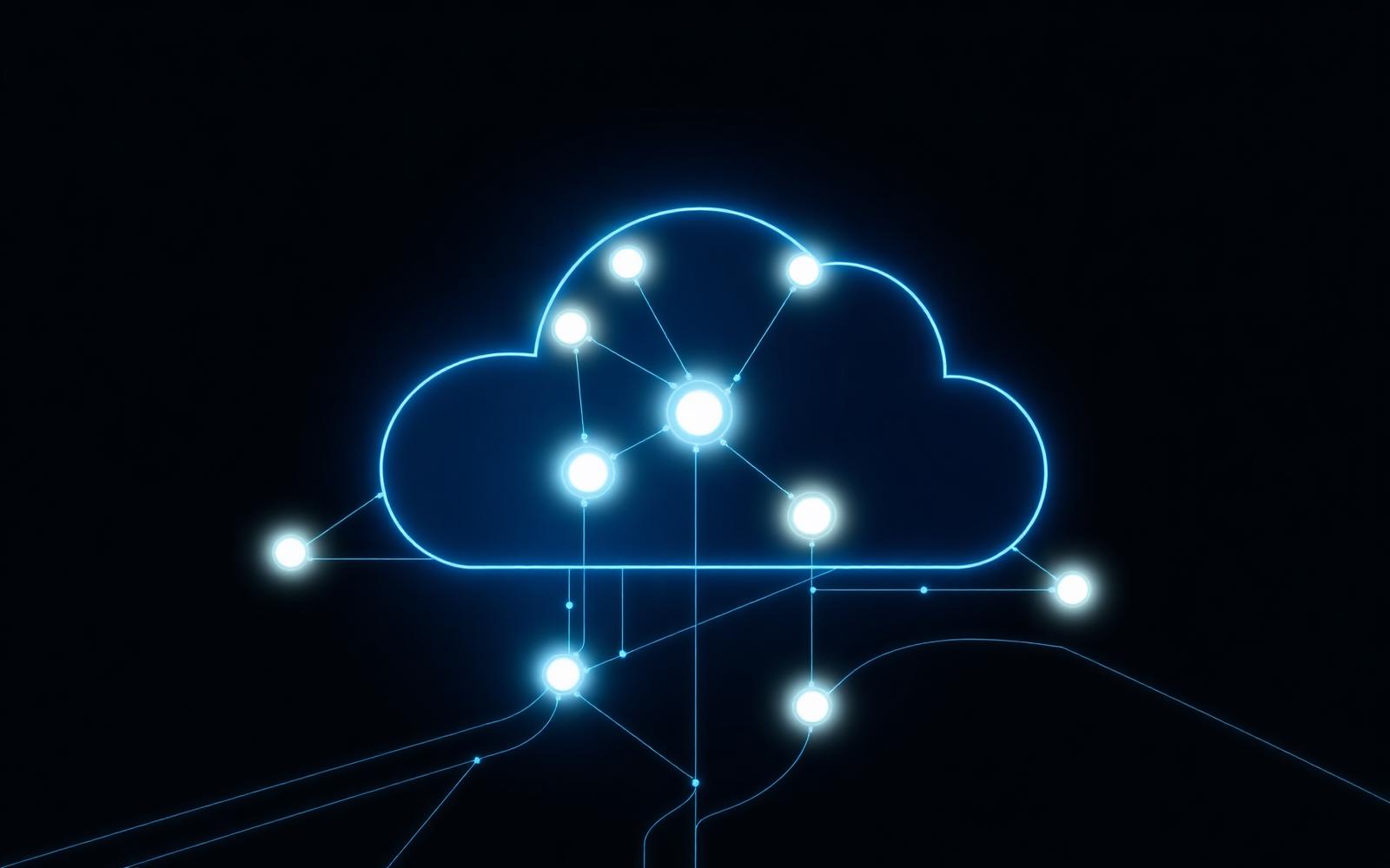 Glowing cloud infrastructure diagram with connected nodes