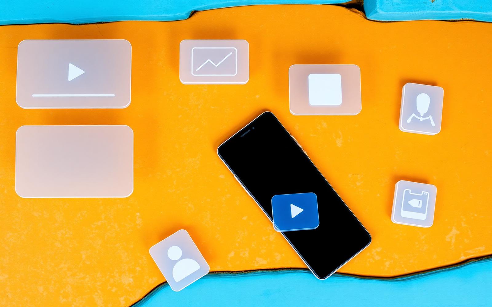 Phone surrounded by translucent ad format cards on warm surface
