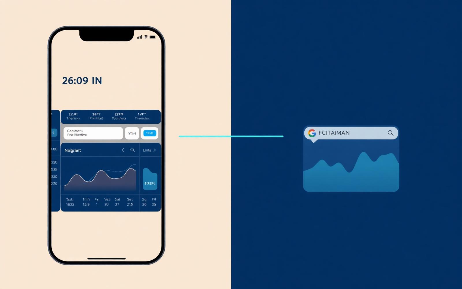 Two mobile dashboards connected by a sky blue migration line