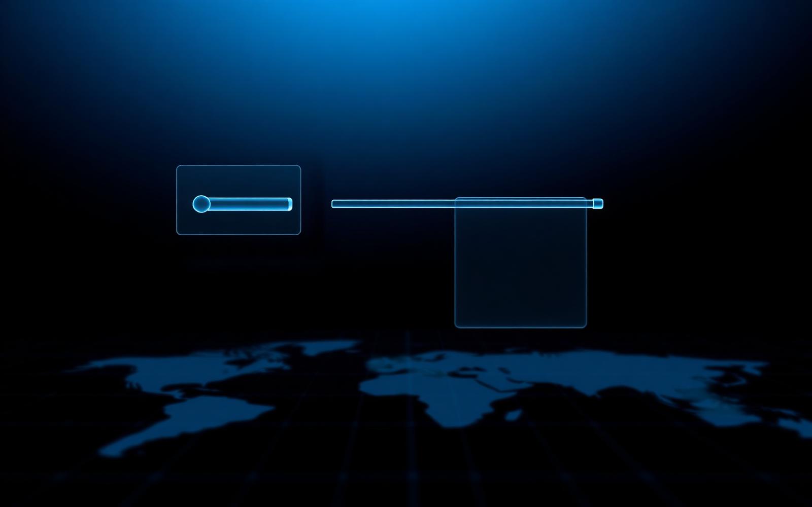 Translucent glass control panels and sliders floating above a faint world map grid on a deep navy background