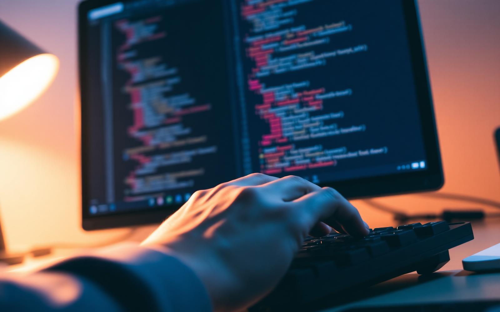 Developer hands typing on a keyboard with code on a glowing screen